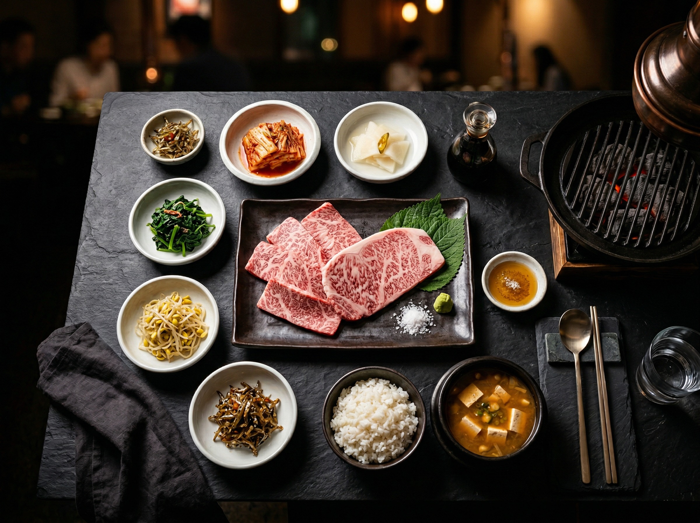 Close-up of banchan small plates arranged on a dark stone table alongside a prime ribeye