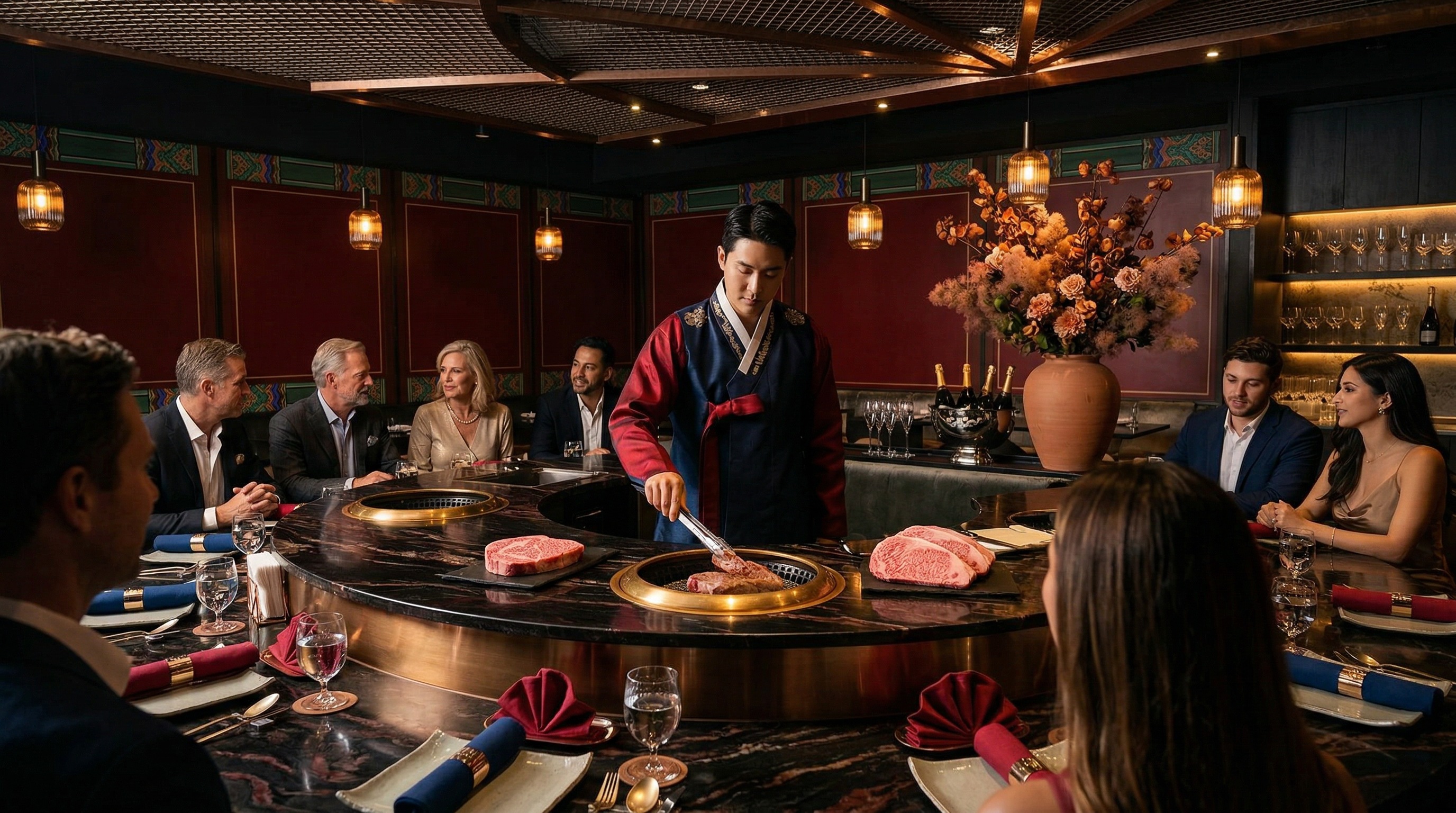 Perfectly seared Korean-style prime beef over glowing charcoal