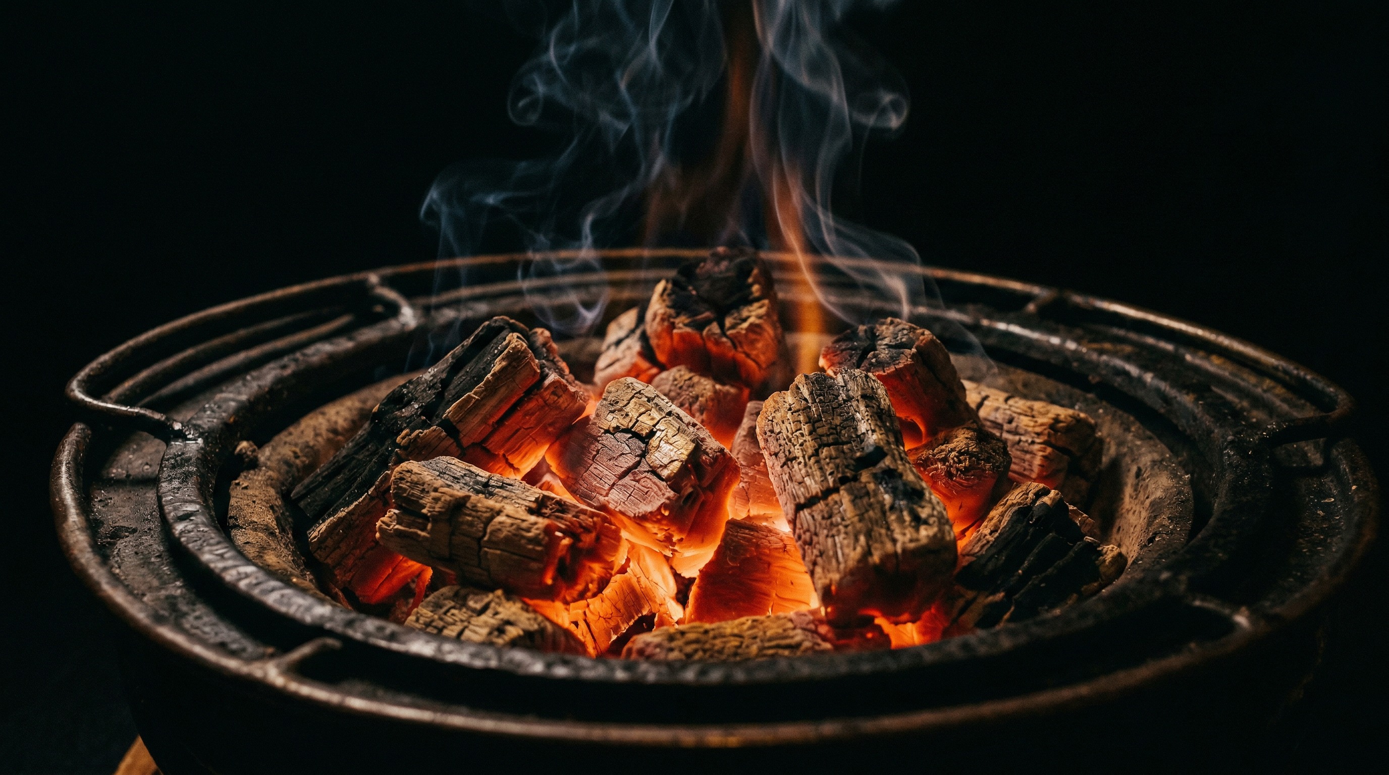 Dark stone table with prime beef and Korean side dishes